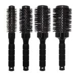 Complete set of professional black thermal styling brushes for wholesale distribution.